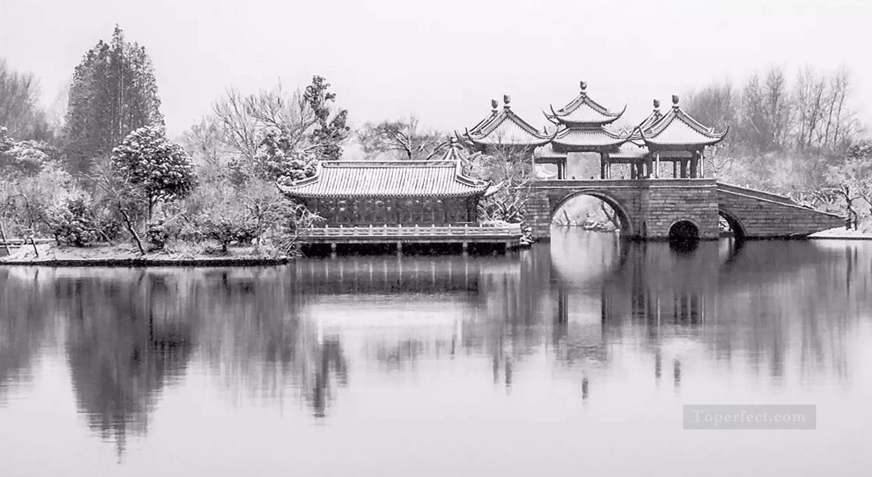 中国庭園白黒油絵
